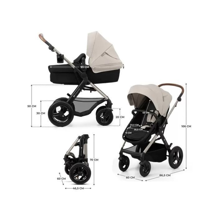 Poussette 4 en 1 Combinée Kinderkraft MOOV2, Inclus Siège auto avec base I-size, Système de voyage, Grandes Roues, Gris