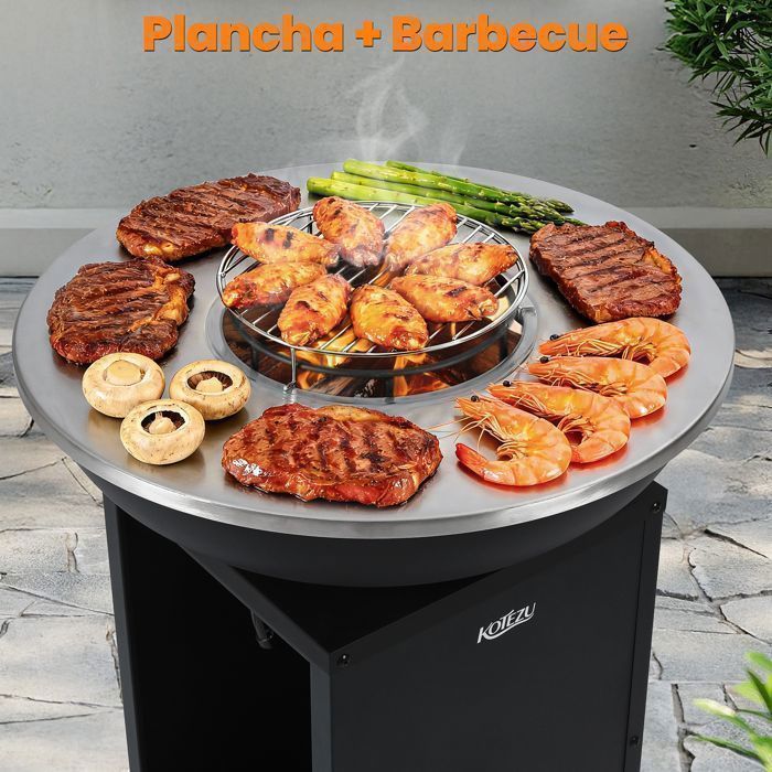 KOTEZU Barbecue Charbon 67cm avec Plancha, Grille Centrale 28cm, Bac à Cendres Amovible, avec Roues, pour Jardin Terrasse