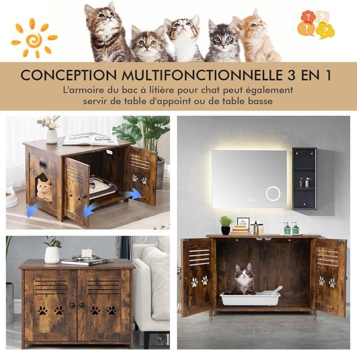 Arenero de madera para gatos COSTWAY con doble puerta, 70 x 51,5 x 50,5 cm, mueble/bandeja de arena con entrada lateral