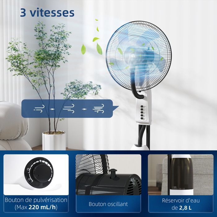 Ventilador nebulizador HOMCOM - 90W - Oscilación de 70°, 3 velocidades, depósito de agua de 2,8L y ruedas - Blanco
