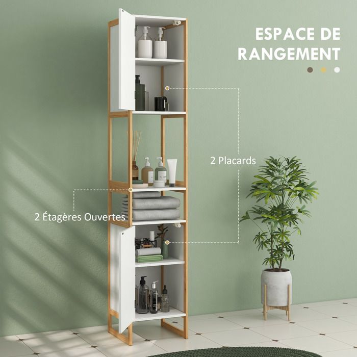 Mueble columna de baño HOMCOM con 2 nichos y 2 armarios, estante de bambú ajustable, 33 cm de ancho x 33 cm de profundidad x 170 cm de alto, blanco.