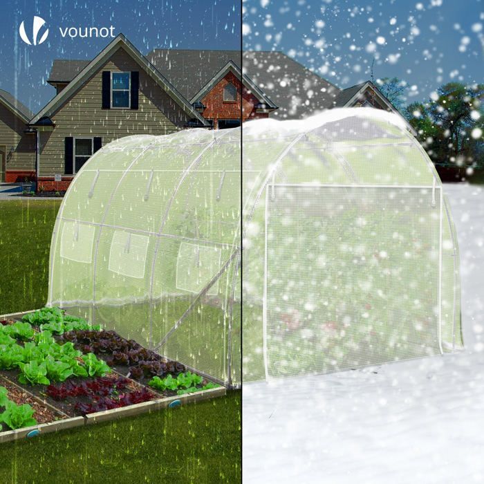 VOUNOT® Serre de jardin tunnel Toute Saison 9m² blanc - acier galvanisé - fenêtres et portes latérales zippées enroulables
