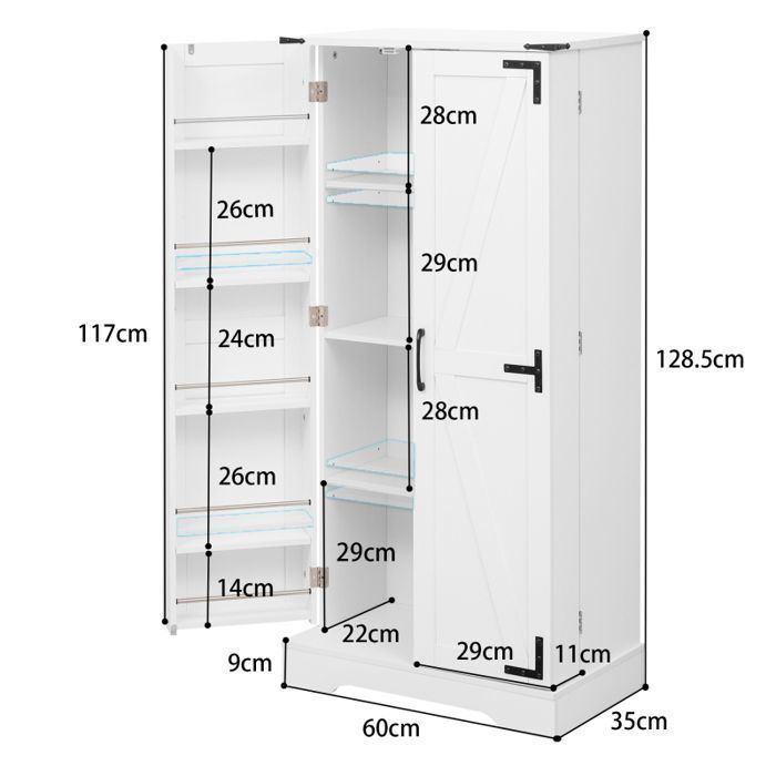 Buffet de Cuisine avec Éclairage LED Intégré - Meuble Armoire Haut 128cm pour Petit Espace - 2 Portes et 10 Étages Réglables