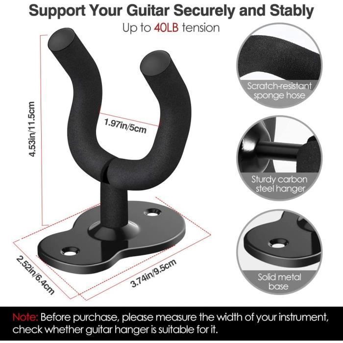 Soporte de pared para guitarra - Negro - 3 piezas - Acero al carbono - Antideslizante - Multifuncional
