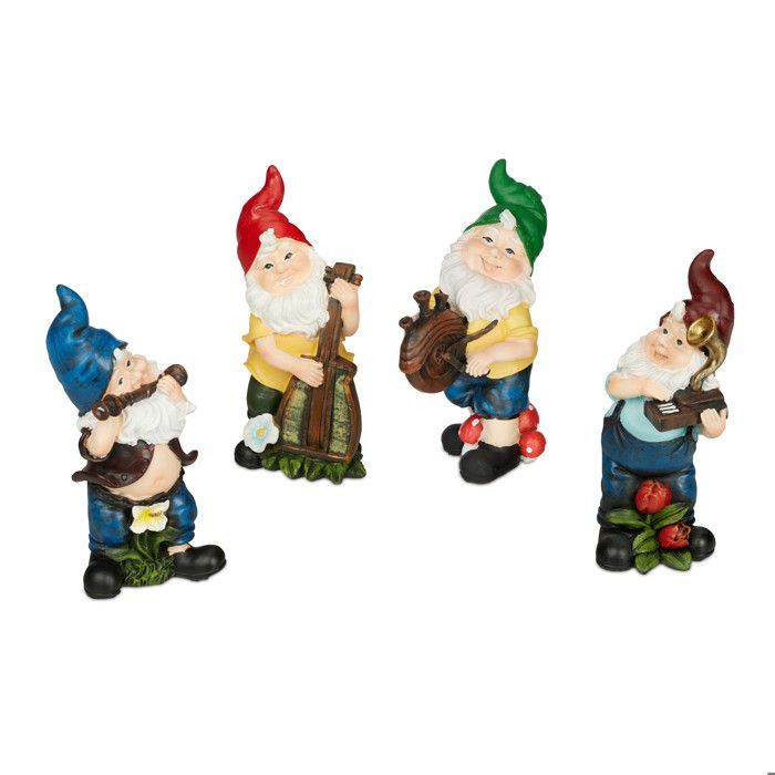 Juego de 4 gnomos de jardín musicales Relaxdays, resistentes a la intemperie y a las heladas, figuras de resina artificial, multicolor.