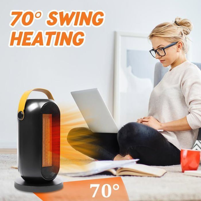 Calefactor eléctrico portátil de 1200 W, ideal para habitaciones pequeñas, con rotación de 70° y protección contra sobrecalentamiento.