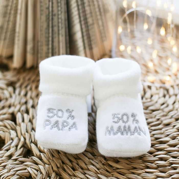 Trois Kilos Sept Chaussons naissance - message :  50% maman 50% papa
