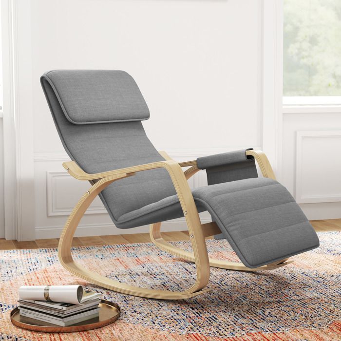 Sillón reclinable mecedor/silla de lactancia con reposapiés ajustable, bolsillo lateral y reposacabezas, color gris.