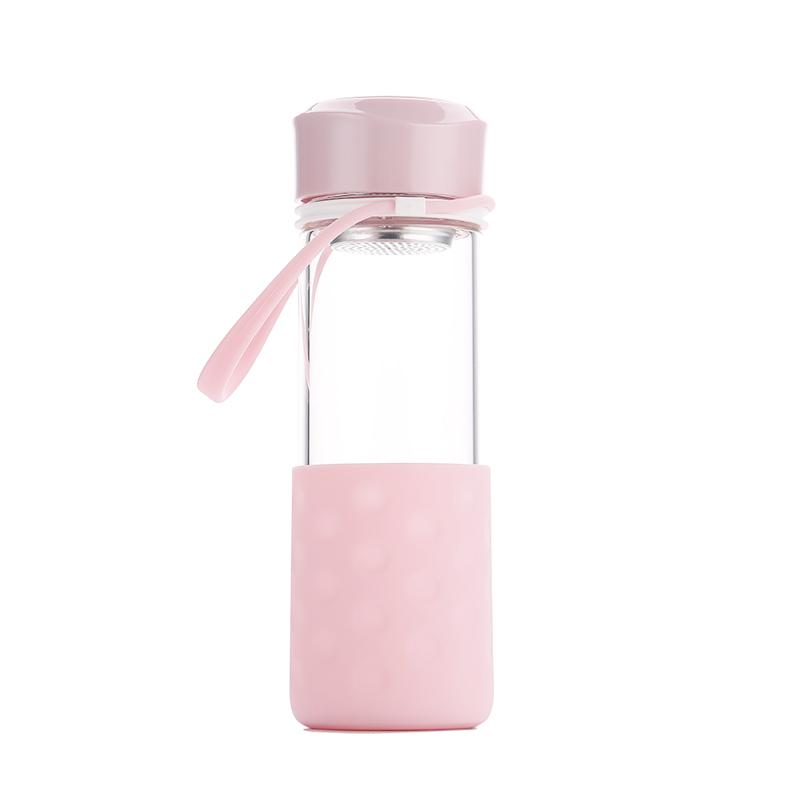 Pinke Silikonhülle für Büro- und Reise-Trinkflaschen aus Glas mit Zitronen-Infuser, geeignet für Radfahren, Outdoor-Sport und Reisen (KK60SH)