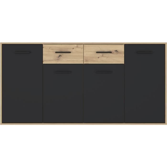 Buffet PILVI - Style contemporain - Particules mélaminé - Décor Chêne et noir - 4 portes + 2 tiroirs - L 162,3 x P 34,2 x H 81,7 cm