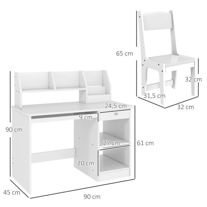 Scrivania per bambini con sedia - ZONEKIZ - vassoio estraibile per tastiera, cassetto, ripiani a giorno e nicchie - 90 x 45 x 90 cm - bianca