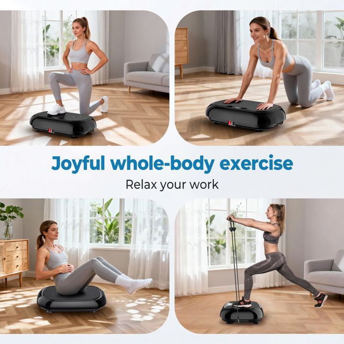 Plataforma vibratoria con 120 niveles de intensidad, 9 modos, capacidad de 150 kg, altavoz Bluetooth para un entrenamiento de cuerpo completo.