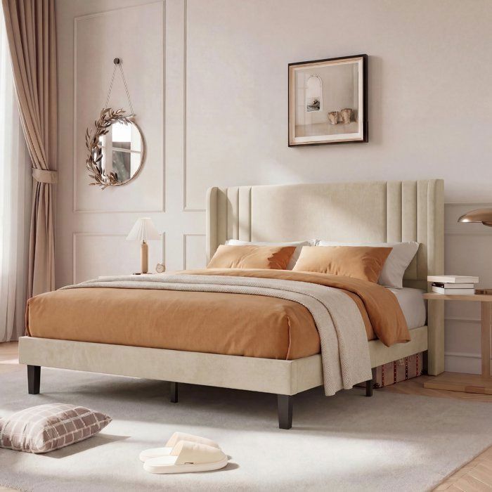 Volwassenenbed 140x200 cm, tweepersoonsbed met houten lattenbodem, gestoffeerd bedframe met lattenbodem en hoofdeinde, beige linnen