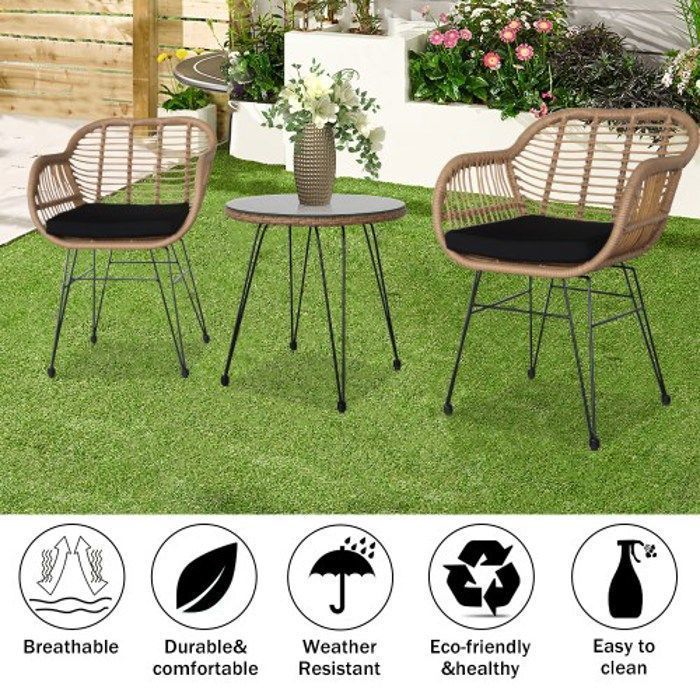 Set di mobili da giardino, 2 sedie + 1 tavolo, con cuscini, in rattan intrecciato