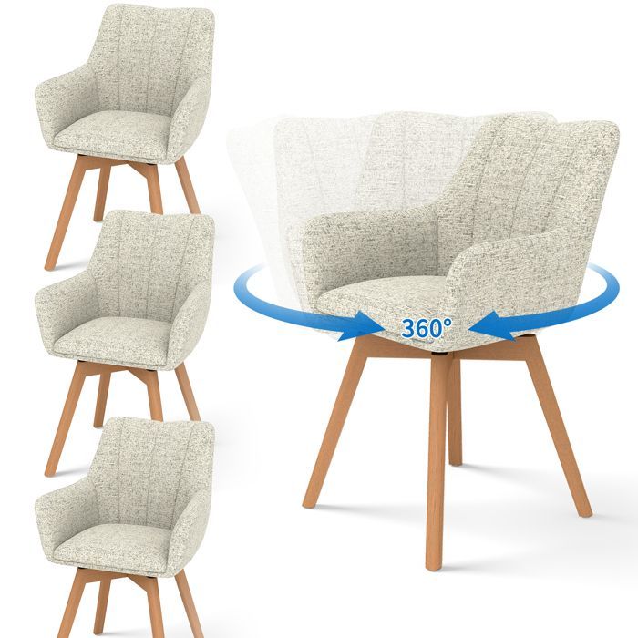 WAFTING Lot de 4 Chaises de Salle à Manger Pivotantes 360°, Accoudoirs et Pieds Bois, Dossier Haut avec Coussin en Molleton.Kaki.