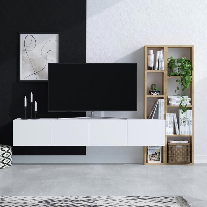 CALICOSY – Wandmontiertes TV-Möbel mit 4 weißen Türen und Eichenholzregal, 182 cm breit – PANA – Weiß
