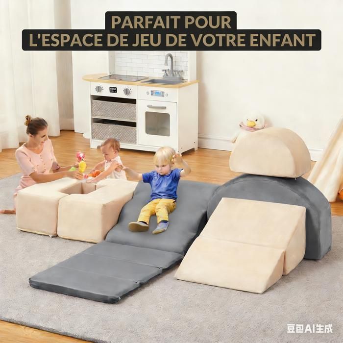 7 bloques de construcción/escalada de espuma para niños, juego de interior suave + tobogán, rampa y escaleras, gris y beige.