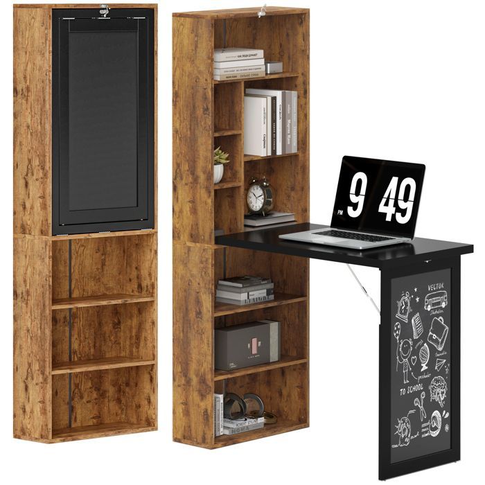 Desk with storage - HOMCOM - foldable - bookcase, workstation, blackboard, adjustable shelf - MDF - 98x51x153cm - brown