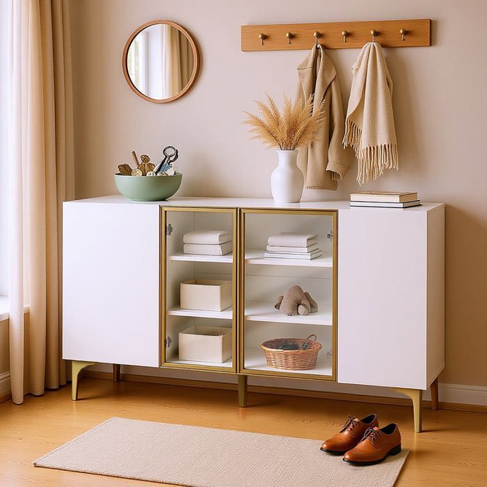 Aparador moderno de 4 puertas en color blanco con cristal templado y patas de metal dorado, diseño minimalista con amplio espacio de almacenamiento.