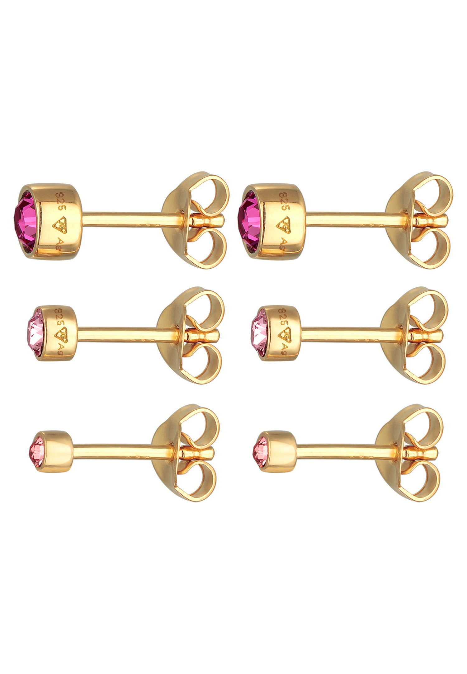Elli Femmes Clous d'Oreilles Set Basique avec cristaux Rose en Argent Sterling 925 Plaqué Or