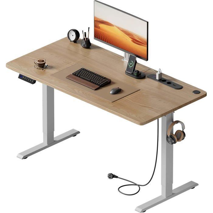 Scrivania elettrica HLONONE regolabile in altezza, 120 x 60 cm, con presa di corrente integrata e porta USB, colore legno.