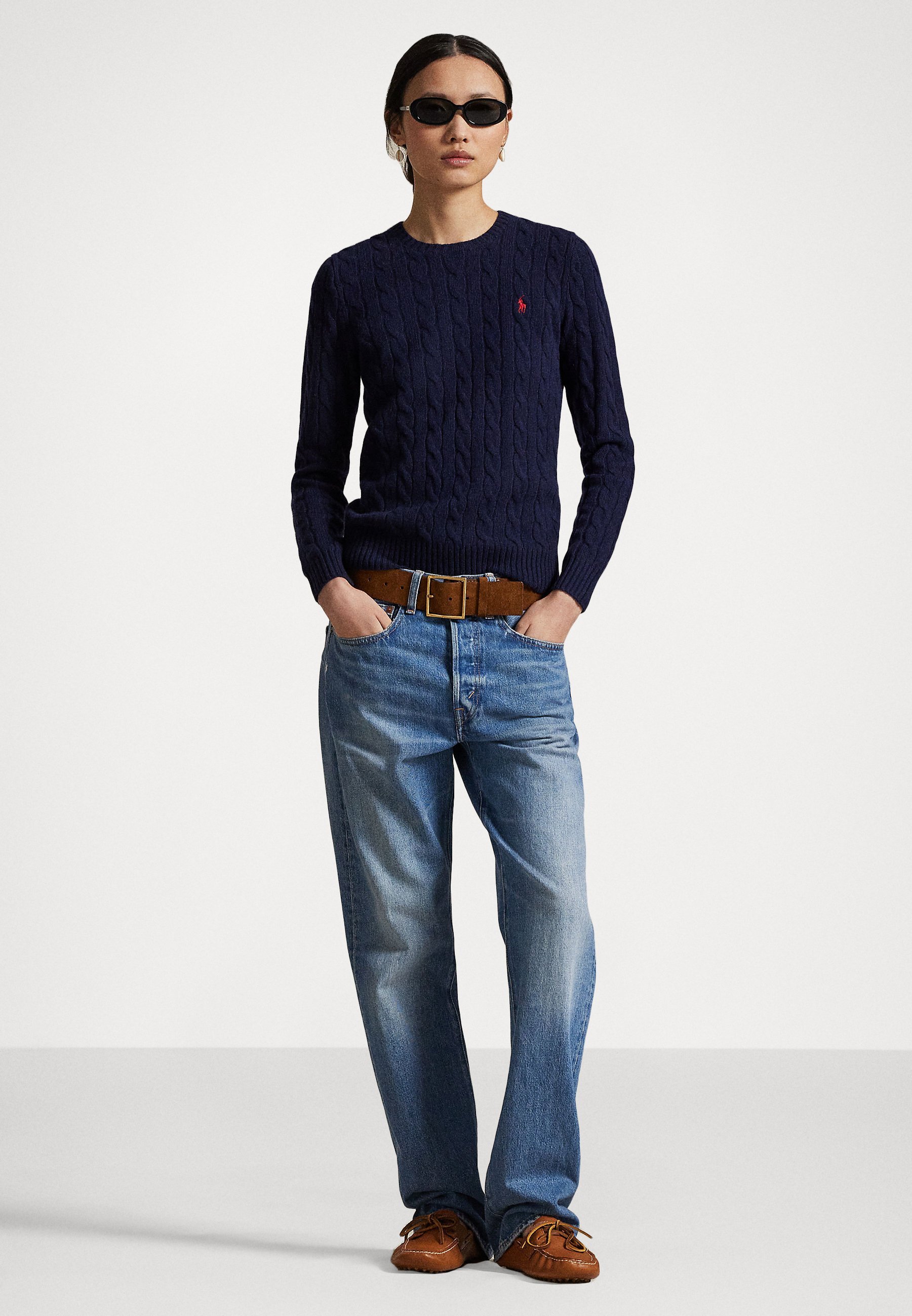 Polo Ralph Lauren Zopfmuster-Pullover aus Wolle und Kaschmir mit Rundhalsausschnitt – Pullover – Jägerblau