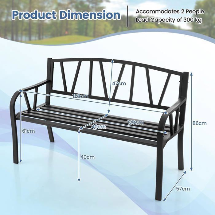 GOPLUS Metalen tuinbank voor 2-3 personen, met hoge rugleuning en afgeronde armleuningen, draagvermogen 300 kg, 128x57x86 cm, zwart