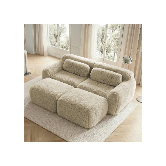 Canapé 2 Places avec 2 Poufs, Tissu Velours Kaki Clair, Modulable et Sans Armature, Mousse 32D, Ensemble Convertible pour Salon
