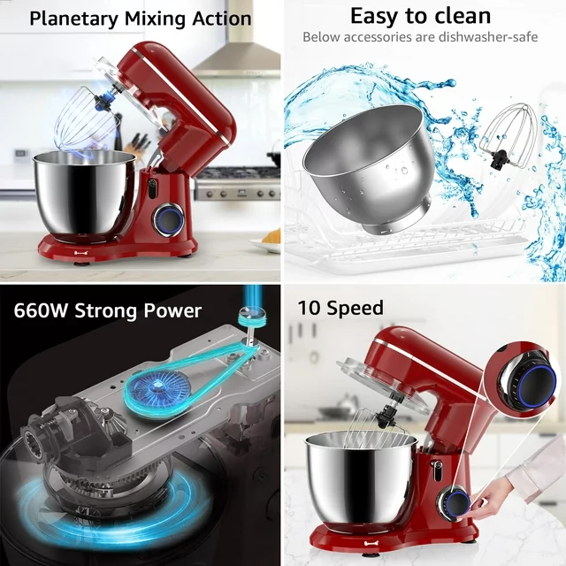 Samsaimo Staande Mixer, 6,5 liter, 660 W, 10 snelheden, Kantelbare Kop, Keukenmixer met Kom, Deeghaak, Klopper en Garde, geschikt voor de meeste thuiskoks