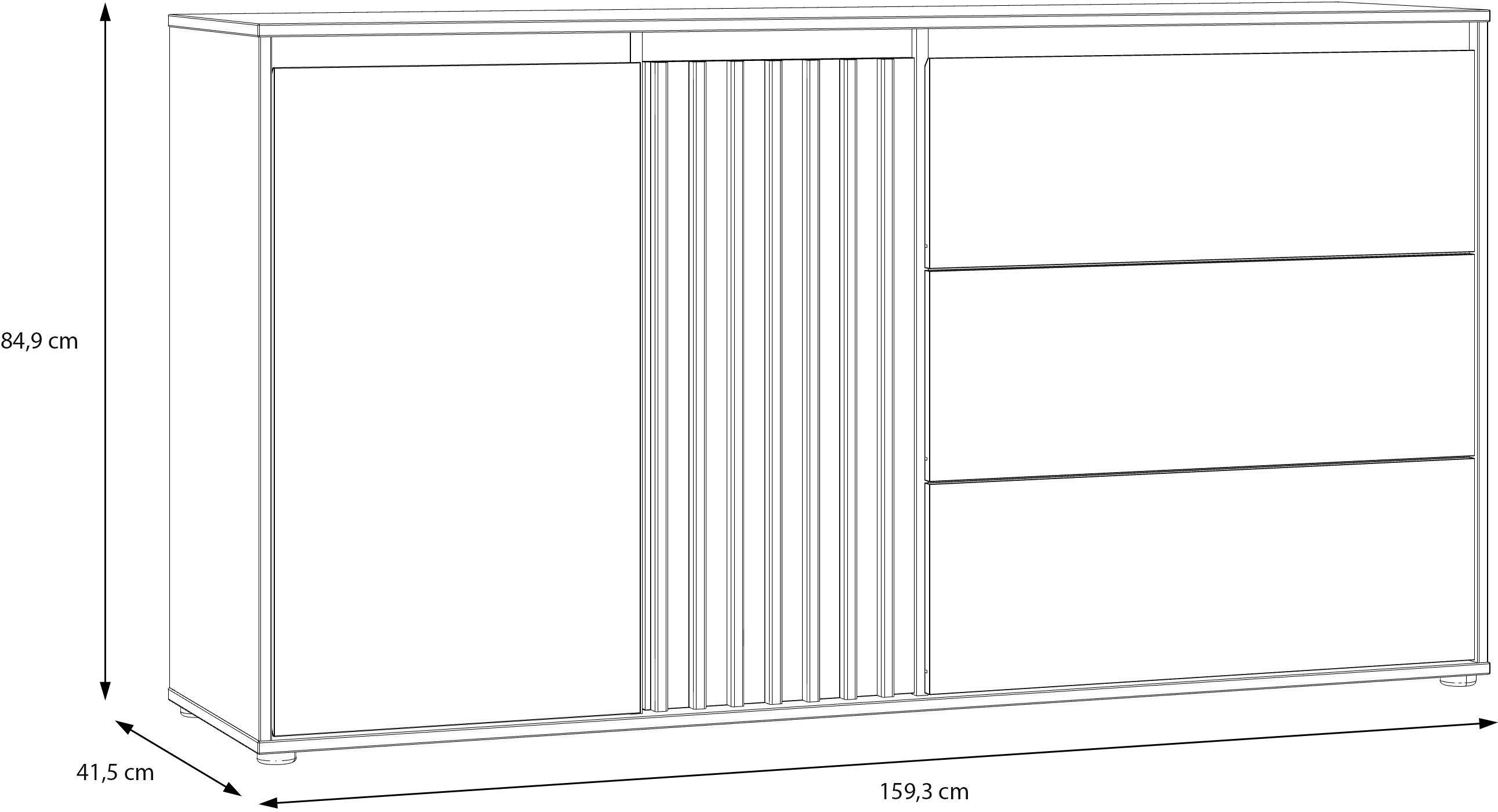 Buffet ELISTON - Blanc Mat & Chêne – 2 Portes + 3 Tiroirs – L 159,6 × P 41,5 × H 81,7 cm