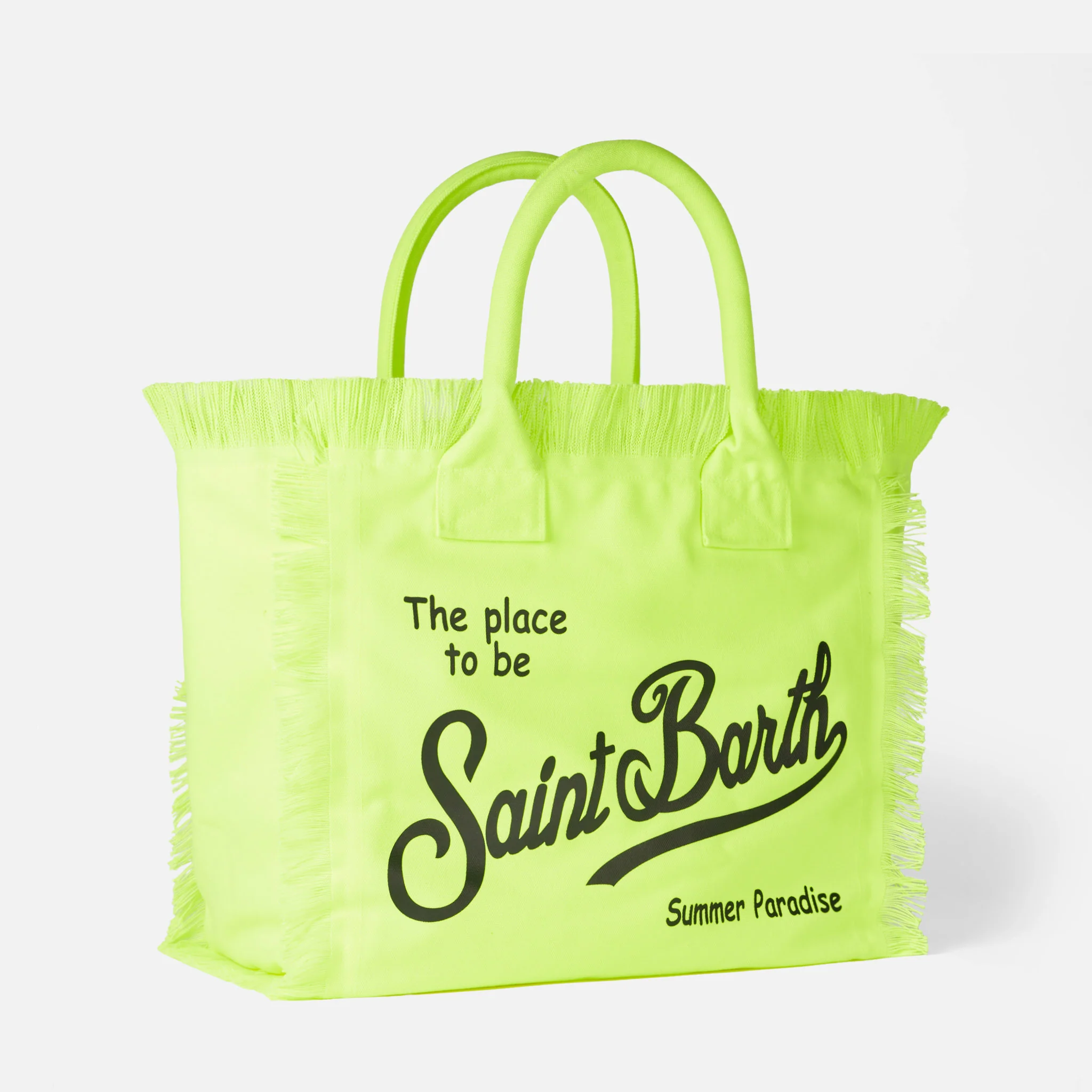 Vanity Canvas Schoudertas | Effen fluorescerend geel | Zwarte logo-opdruk | Binnenvak met rits | 40 cm x 32 cm x 20 cm | MC2 Saint Barth