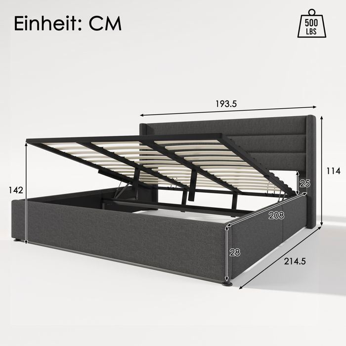 Lit Coffre Double Grand - MERAX - 180 x 200 cm - Tissu en lin gris - Lit Adult Rembourré 2 Places
