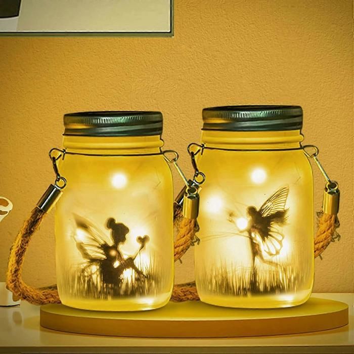 Set of 2 outdoor solar lights, glass jar lights with string lights, waterproof solar lights