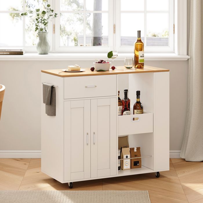Carrito de cocina con ruedas - 102x46x92 cm - 2 puertas - 1 cajón - Blanco