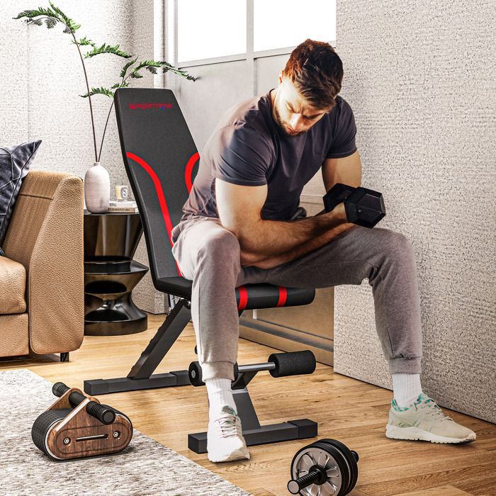 Træningsbænk - SPORTNOW - foldbar og justerbar - justerbar sæde og ryglæn - komplet træning - 82x35x42,5-107cm sort stål