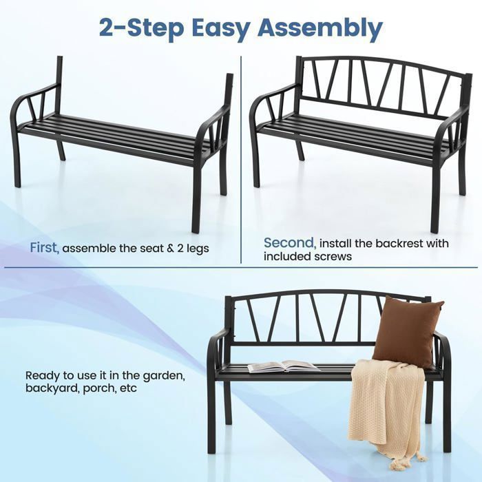 GOPLUS Metalen tuinbank voor 2-3 personen, met hoge rugleuning en afgeronde armleuningen, draagvermogen 300 kg, 128x57x86 cm, zwart