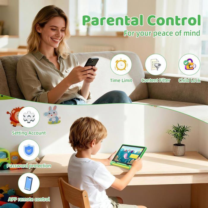 Tablette pour Enfants Éducative, 20(3+17)Go RAM, 64Go + 1 To Extensible, Écran HD, avec Kid-Proof Étui Vert et Sac d'ordinateur Bleu