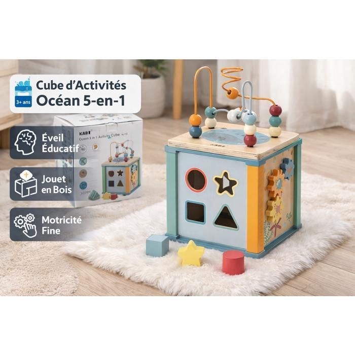 Cube d'activités Montessori - Océan 5-en-1 - Bois massif - Multiactivités - Dès 3 ans