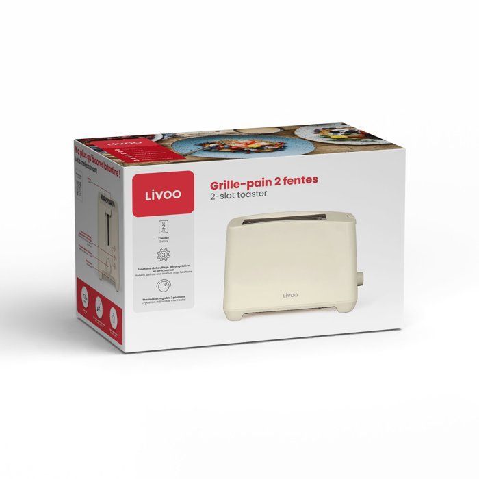Broodrooster voor 2 sneetjes - LIVOO - DOD162C - 750W - Instelbare thermostaat: 7 standen - Gebroken wit