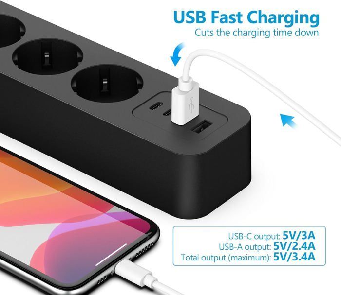 Πολύπριζο USB με 6 πρίζες και προστασία από υπερτάσεις, με 2 θύρες USB-A + 2 θύρες USB-C + φορτιστή (5V 3.4A)