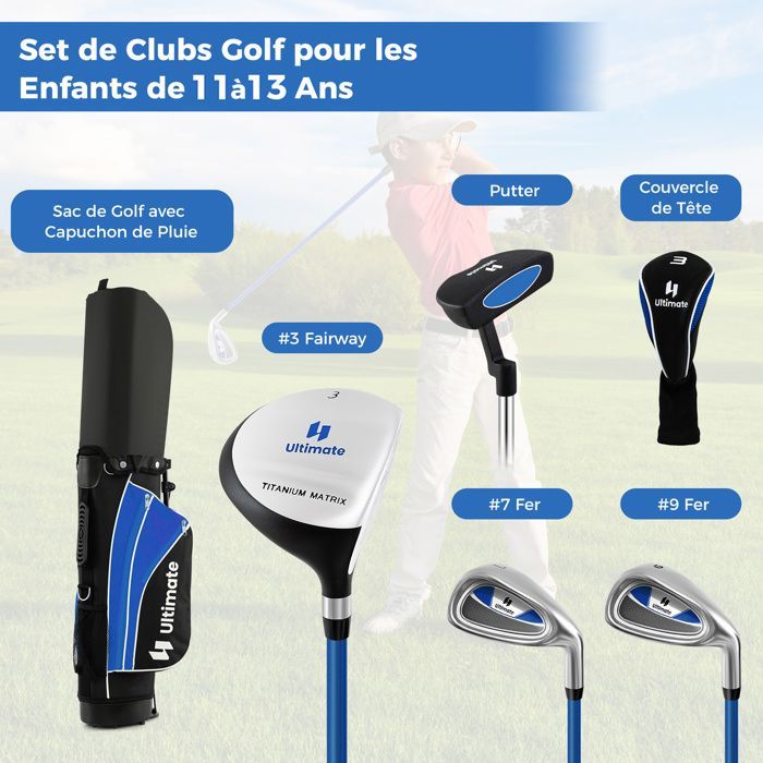 Bolsa de golf con trípode para niños COSTWAY, juego de 5 palos de golf con soporte y funda para la lluvia, edades de 11 a 13 años, azul