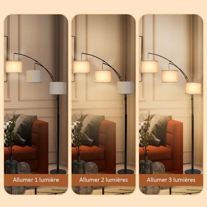 2m floor lamp for living room with 3 lampshades, dimmer switch, E27 base, adjustable brightness floor lamp, black