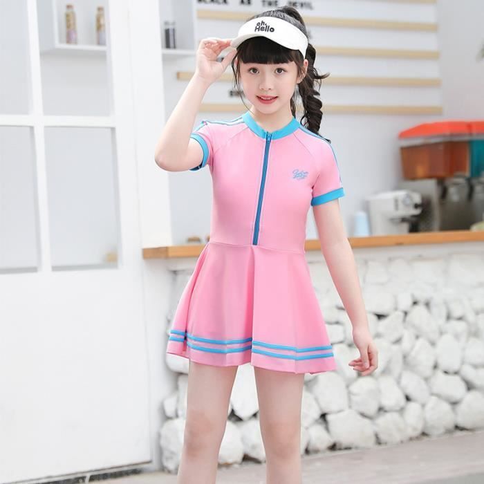 Vestido de baño para niñas, vestido de entrenamiento de natación bicolor con cremallera, de secado rápido, para edades de 4 a 14 años - Rosa