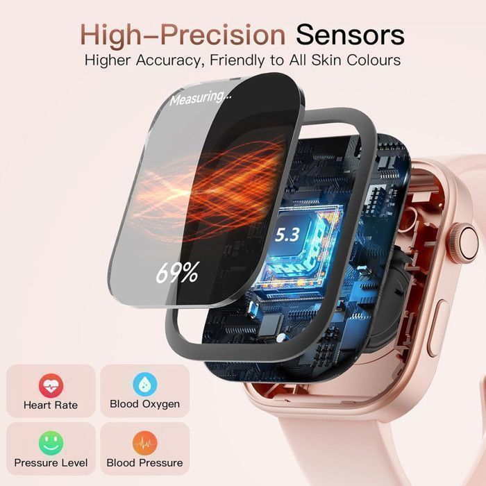 Smartwatch XtraDiTech, compatibile con Apple Watch, display AMOLED, 1,99 €, corona digitale, quinta generazione, PPG, monitoraggio della frequenza cardiaca, resistenza all'acqua fino a 3 ATM, durata della batteria di 12 giorni.