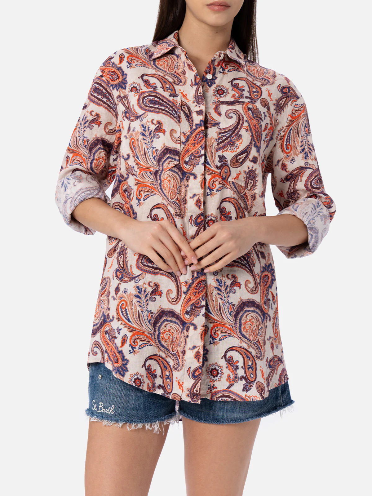 Alodie damesblouse van linnen met paisleyprint en zakken