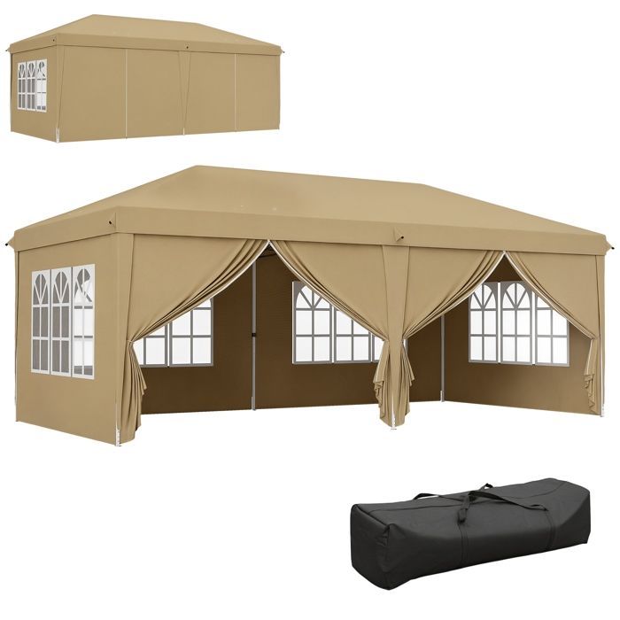 Opvouwbaar partytent - Outsunny - 4 afneembare zijpanelen en 4 ramen - inclusief draagtas - 6 x 3 x 2,7 m - kaki