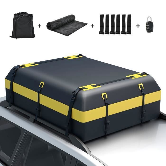 Bolsa impermeable para techo de coche COSTWAY de 600 L con 10 correas, 6 ganchos para puerta, cerradura, alfombrilla antideslizante y bolsa de almacenamiento.