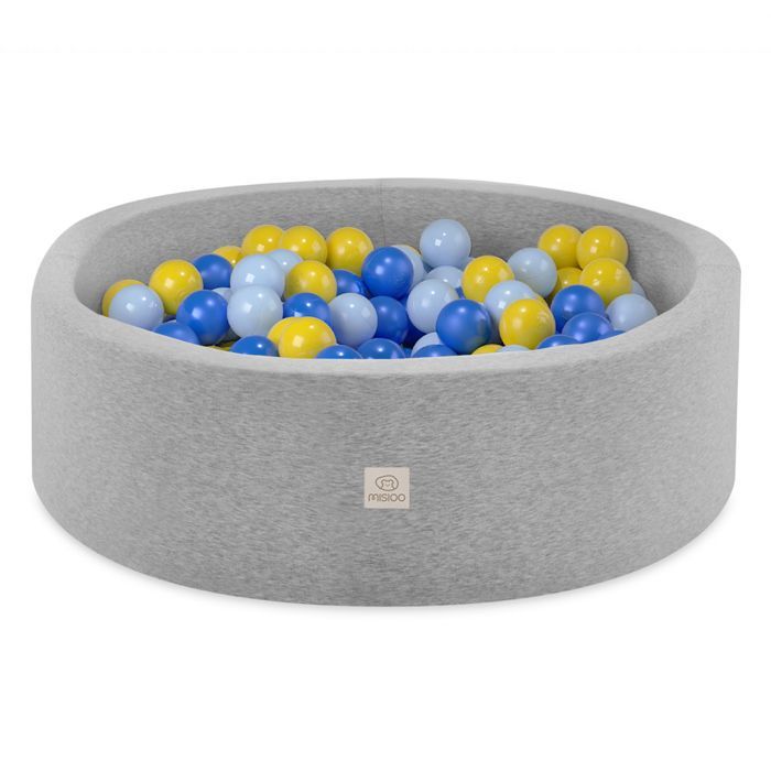 MISIOO Round Cotton Ball Pit for Babies and Children's Room, Grey, 90x30 cm, 200 Balls: Blue/Light Blue/Yellow