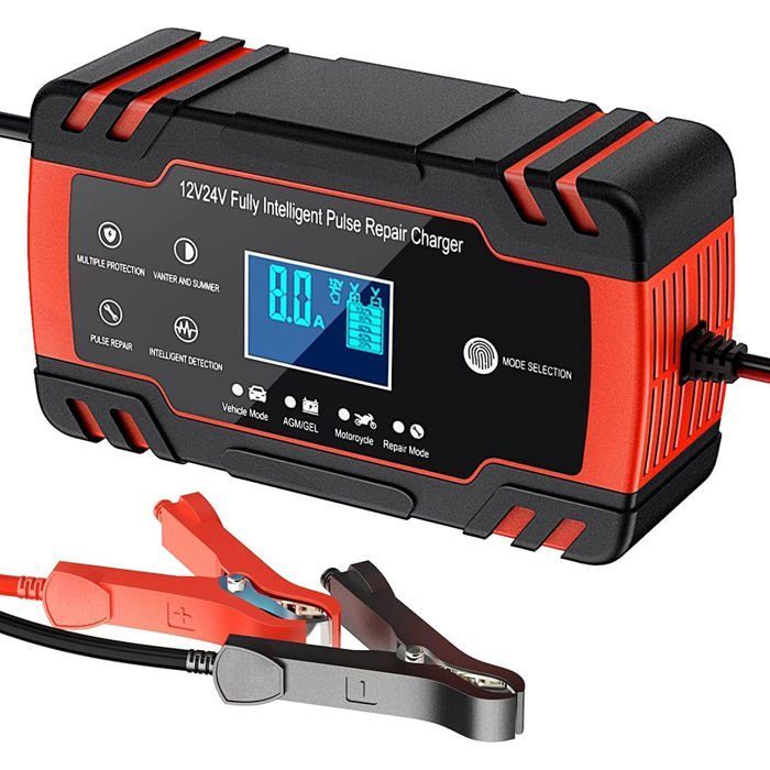 Cargador de baterías inteligente de 12V/24V 8A, cargador mantenedor de baterías con pantalla LCD, compatible con baterías AGM, de gel, húmedas y SLA (8-100AH) (Negro/Rojo)