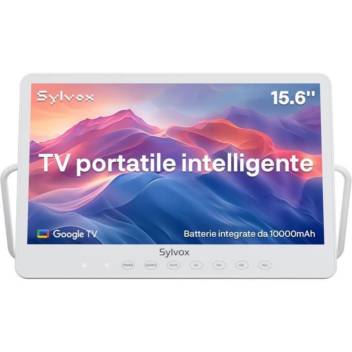 Smart TV portatile SYLVOX da 15,6 pollici con Google TV, impermeabile, Full HD 1080p.